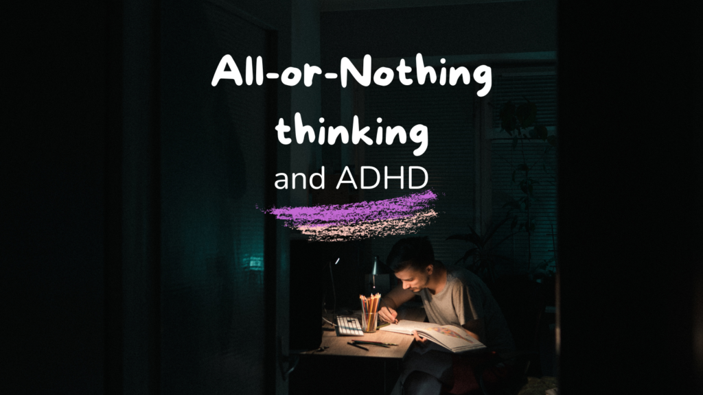 A person sitting at a desk late at night, intensely focused on their work. The dark surroundings and their absorbed posture reflect the all-or-nothing thinking trap - pushing for perfection until exhaustion, a common struggle for people with ADHD.