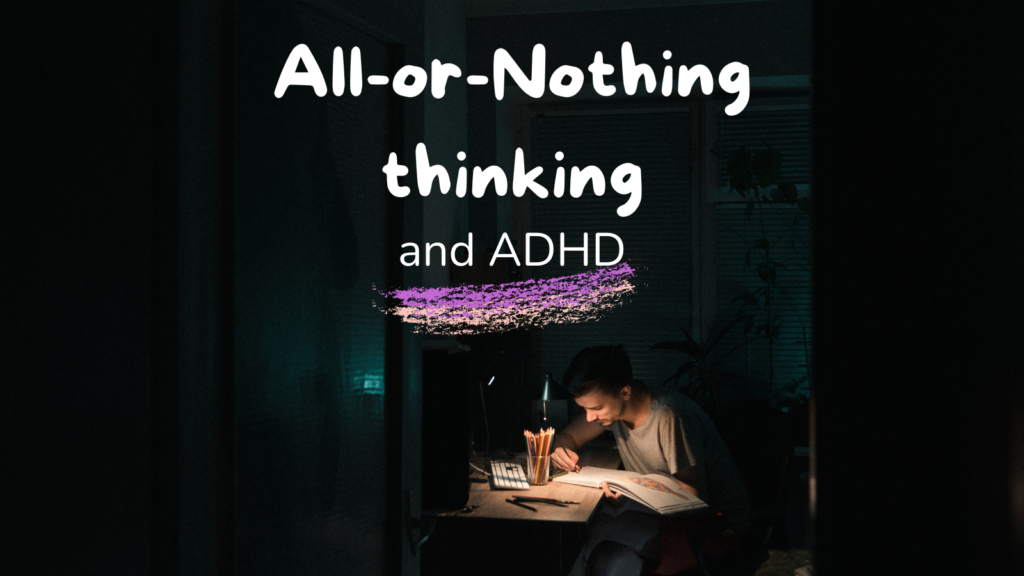 A person sitting at a desk late at night, intensely focused on their work. The dark surroundings and their absorbed posture reflect the all-or-nothing thinking trap - pushing for perfection until exhaustion, a common struggle for people with ADHD.